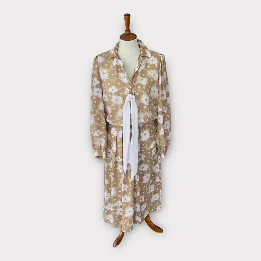 VTG Maree Womens Floral Tan Secretary‎ Dress Sz 12 Structured Retro 80s Twee